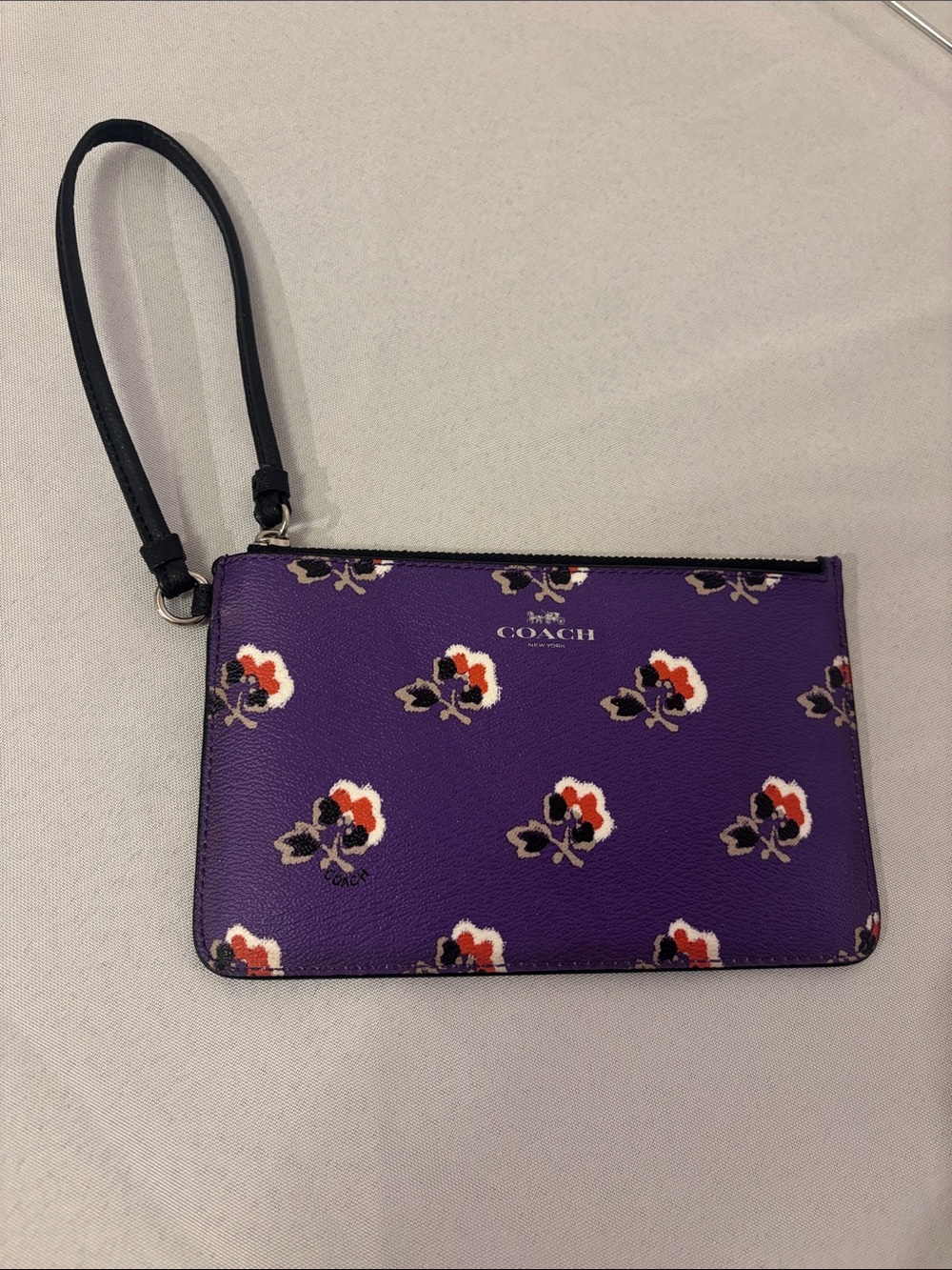 Coach Purple Floral Wristlet with Black Strap